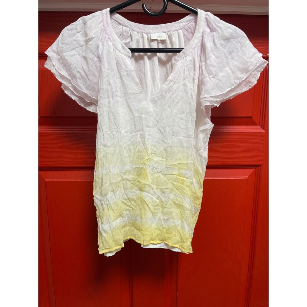 Ecru Womens XS Ombre Tie Dye Flutter Sleeve V-Neck Crinkle Gauze Blouse